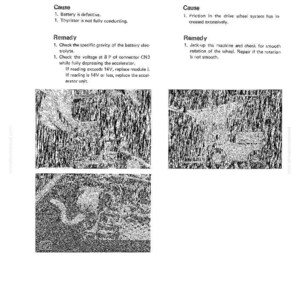 May include: A troubleshooting guide for a battery forklift, with text detailing problems, causes, and remedies. The page includes diagrams and technical instructions for maintenance and repair.