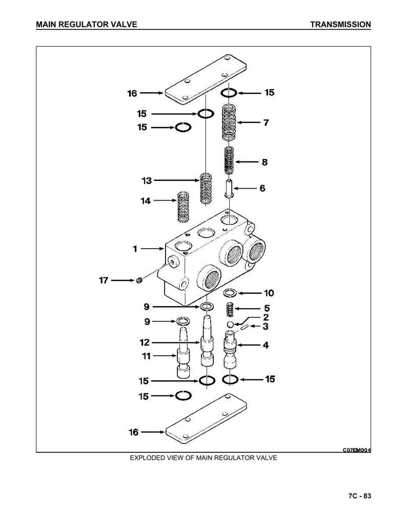 May include: An exploded diagram of a main regulator valve, illustrating its components. The image shows springs, O-rings, and valve bodies, with labels. Text includes "MAIN REGULATOR VALVE" and "TRANSMISSION".