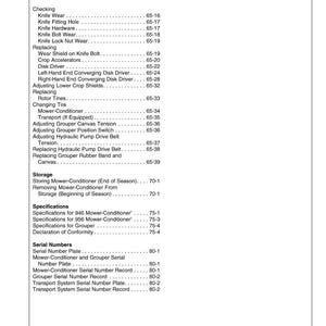 May include: A detailed page from a manual, titled "Contents," lists various topics related to mower maintenance and repair. Sections include checking, replacing parts, storage, specifications, and serial numbers. The page is printed in black and white.