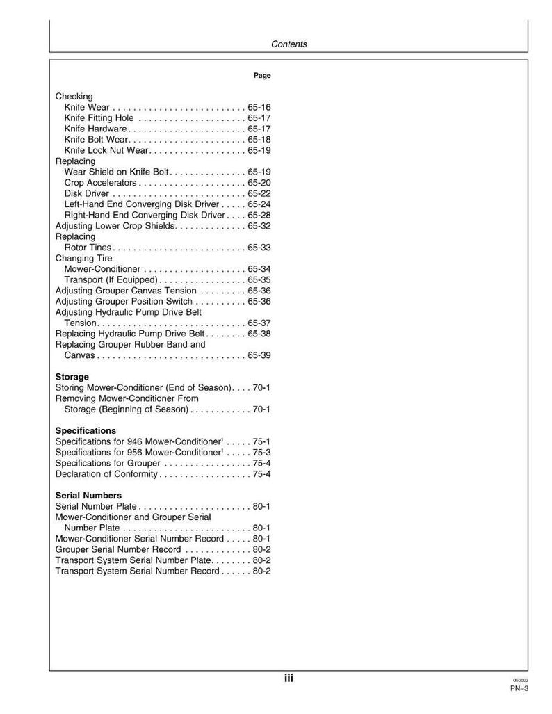 May include: A detailed page from a manual, titled "Contents," lists various topics related to mower maintenance and repair. Sections include checking, replacing parts, storage, specifications, and serial numbers. The page is printed in black and white.