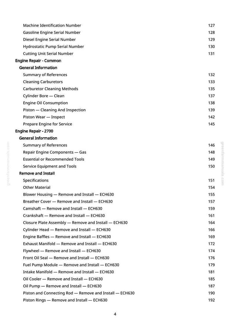 May include: A page from a manual with a table of contents for engine repair. The text includes sections on common engine repair, general information, and removing and installing engine components. The page number is 4.