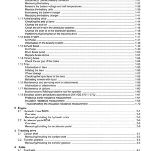 Puede incluir: Una p&aacute;gina de contenido de un manual, con secciones sobre mantenimiento de bater&iacute;a, frenos, neum&aacute;ticos y componentes del motor. Texto negro sobre fondo blanco.