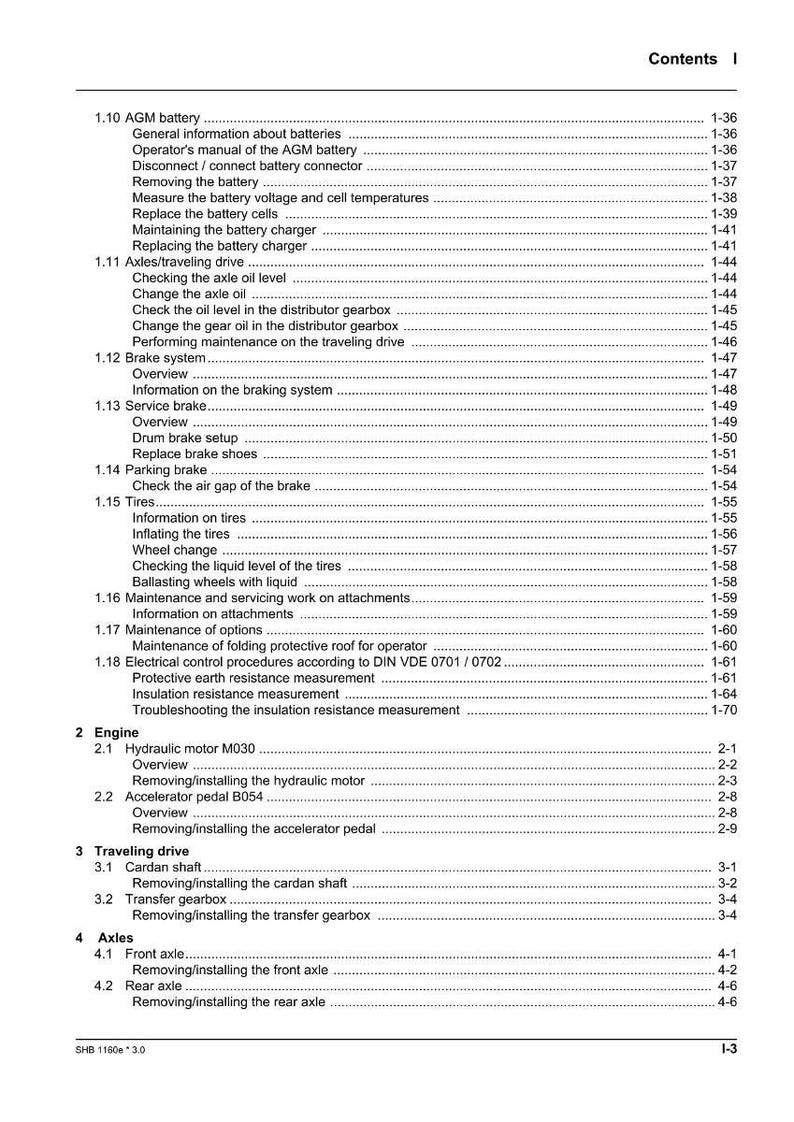 Puede incluir: Una p&aacute;gina de contenido de un manual, con secciones sobre mantenimiento de bater&iacute;a, frenos, neum&aacute;ticos y componentes del motor. Texto negro sobre fondo blanco.