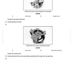 K&ouml;nnte beinhalten: Technische Zeichnung mit zwei detaillierten Illustrationen von mechanischen Komponenten. Das obere Bild zeigt ein Bronze-Schieber-R&uuml;ckkopplungsglied, und das untere Bild zeigt eine Servokolbenbaugruppe. Der Text enth&auml;lt Teilenummern und Installationsanweisungen.