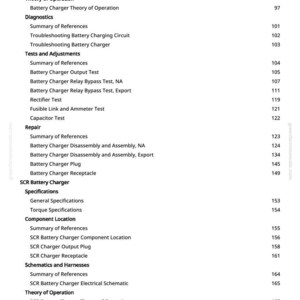 May include: A page from a manual with a table of contents for a battery charger. The text includes sections on schematics, diagnostics, and repair, with page numbers listed on the right.