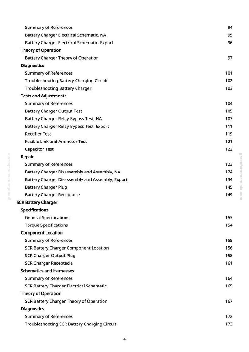 May include: A page from a manual with a table of contents for a battery charger. The text includes sections on schematics, diagnostics, and repair, with page numbers listed on the right.