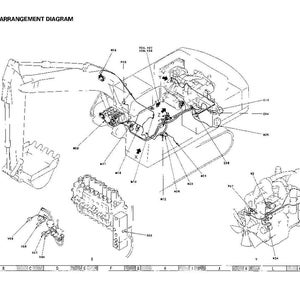 Puede incluir: Un diagrama en blanco y negro titulado "CONNECTOR ARRANGEMENT DIAGRAM" que muestra los componentes internos de maquinaria pesada. El diagrama incluye piezas etiquetadas de una excavadora, motor y otros componentes mec&aacute;nicos.