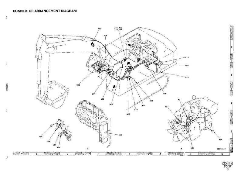 Puede incluir: Un diagrama en blanco y negro titulado "CONNECTOR ARRANGEMENT DIAGRAM" que muestra los componentes internos de maquinaria pesada. El diagrama incluye piezas etiquetadas de una excavadora, motor y otros componentes mec&aacute;nicos.