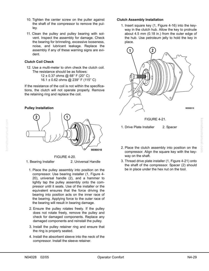 May include: Diagram illustrating clutch assembly and pulley installation procedures, with numbered steps and component labels. Features figures 4-20 and 4-21, detailing tools and processes for automotive maintenance.