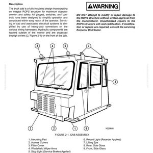 May include: Diagram of a truck cab assembly with labeled components. Features include a mounting pad, access covers, filter cover, windshield wiper arms, stop light, retard light, lifting eye, and glass panels. The diagram includes a warning about modifications.
