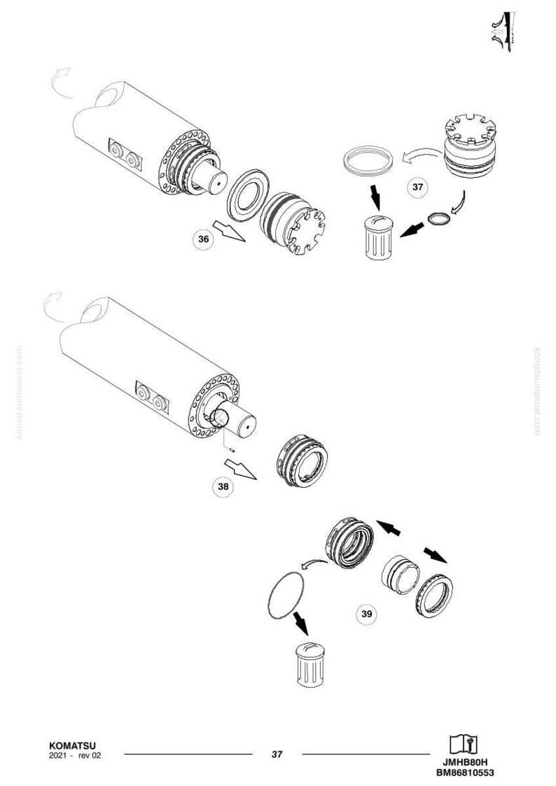 May include: An exploded diagram of Komatsu machine components, featuring cylinders, rings, and filters. The image is monochrome, with labels and arrows indicating assembly. The Komatsu logo and part numbers are visible.