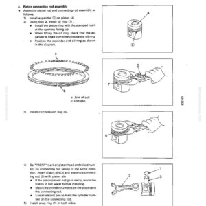 May include: Diagram of a piston connecting rod assembly, with detailed illustrations of the assembly process. Includes close-ups of piston rings, expanders, and connecting rods, with numbered components and instructions.