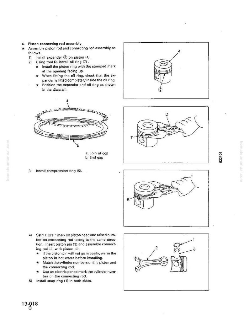 May include: Diagram of a piston connecting rod assembly, with detailed illustrations of the assembly process. Includes close-ups of piston rings, expanders, and connecting rods, with numbered components and instructions.