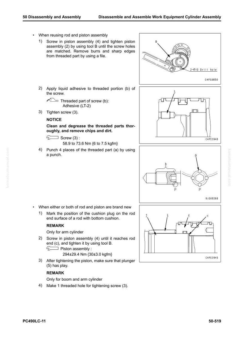 K&ouml;nnte beinhalten: Diagramme und Anweisungen zum Zerlegen und Zusammenbauen der Arbeitsger&auml;te-Zylinderbaugruppe. Enth&auml;lt Schritte zum Wiederverwenden und Installieren von Kolbenbaugruppen, mit Drehmomentangaben in Nm und kgf-m.
