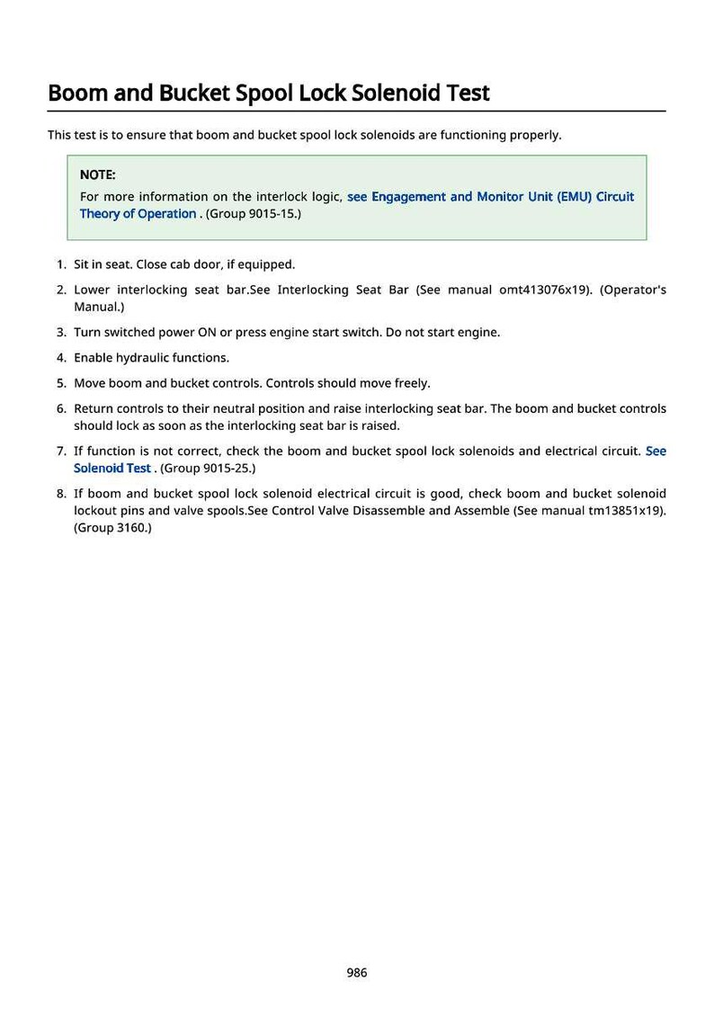 May include: Document titled "Boom and Bucket Spool Lock Solenoid Test" with instructions for testing the solenoids. Includes a note about interlock logic and a list of numbered steps for the test procedure. The page number 986 is at the bottom.