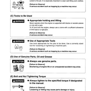 May include: A page from a manual with safety precautions for servicing. It includes sections on working wear, tools to be used, genuine parts, and bolt tightening torque. The text is in black and white with warning symbols.