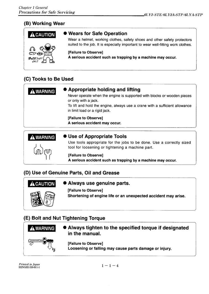 May include: A page from a manual with safety precautions for servicing. It includes sections on working wear, tools to be used, genuine parts, and bolt tightening torque. The text is in black and white with warning symbols.