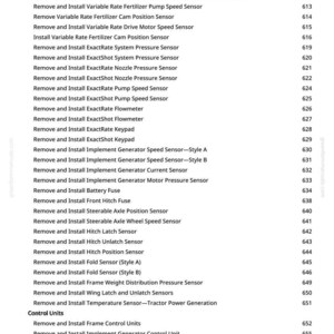 May include: A page from a greenfammanuals.com manual, detailing instructions for removing and installing sensors and components. The list includes pressure sensors, flowmeters, and control units. The text is in black font.