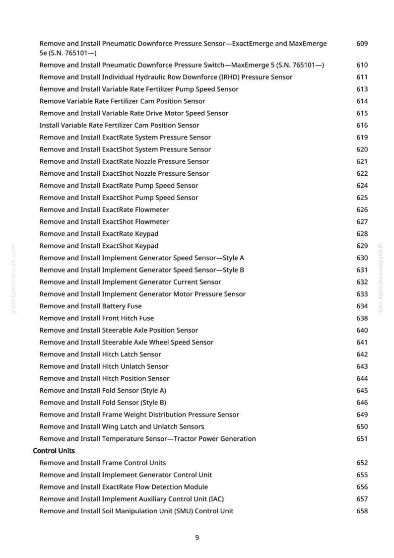 May include: A page from a greenfammanuals.com manual, detailing instructions for removing and installing sensors and components. The list includes pressure sensors, flowmeters, and control units. The text is in black font.