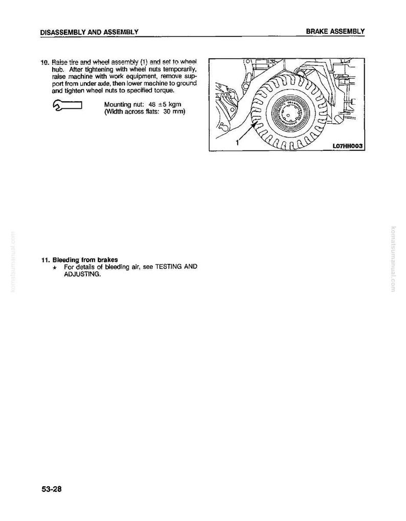 May include: Diagram of a tire and wheel assembly with instructions for disassembly and assembly. The image includes a detailed illustration of the wheel and tire, along with text describing the process and specifications for the mounting nut, which is 30 mm across flats.