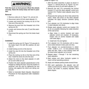 May include: A detailed diagram with text instructions for parking brake spring cylinder replacement and automatic slack adjuster procedures. Includes warnings, removal steps, installation steps, and adjustment procedures. The text is in black font on a white background.