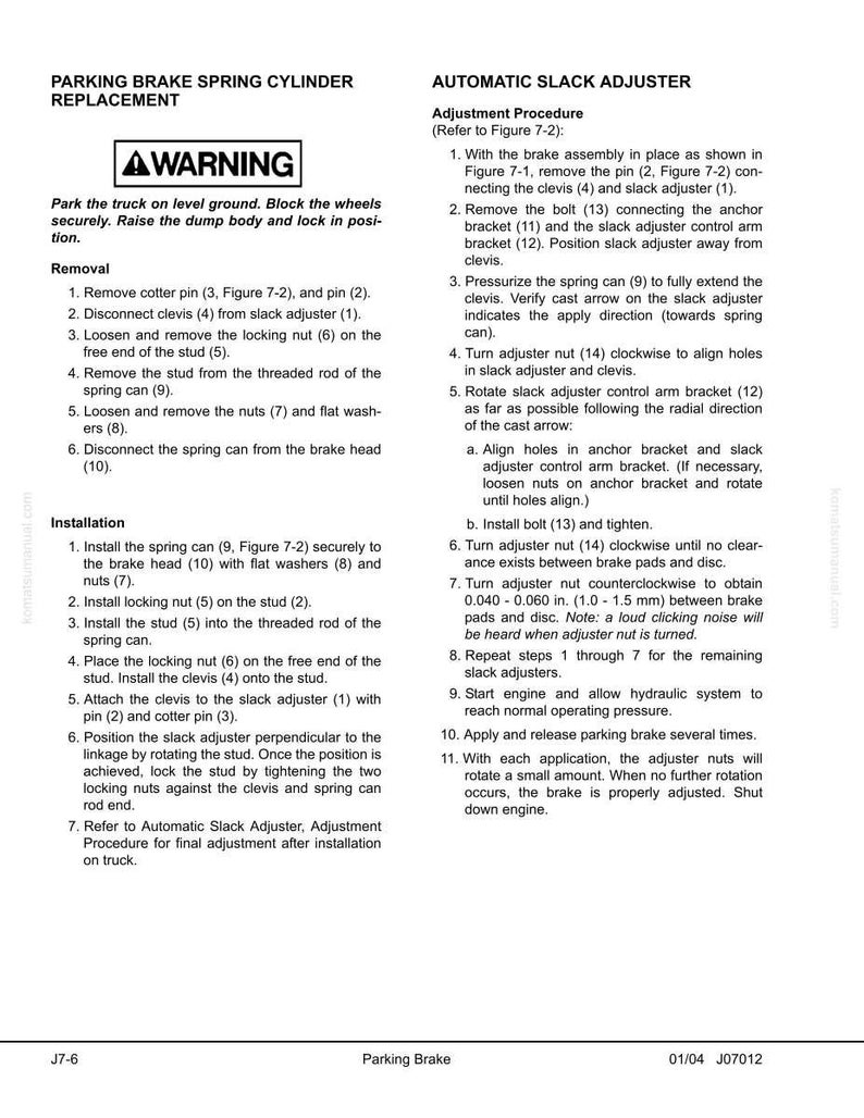 May include: A detailed diagram with text instructions for parking brake spring cylinder replacement and automatic slack adjuster procedures. Includes warnings, removal steps, installation steps, and adjustment procedures. The text is in black font on a white background.