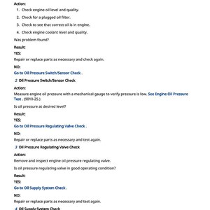 May include: A page from a manual titled "Low Engine Oil Pressure" with numbered steps for preliminary checks, oil pressure switch/sensor check, and oil pressure regulating valve check. The text includes instructions and results.