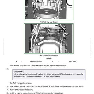 May include: Diagram of engine components with labels A and B, and text instructions. The image includes close-ups of the rear and front engine mounts, with a legend indicating cap screws and nuts.