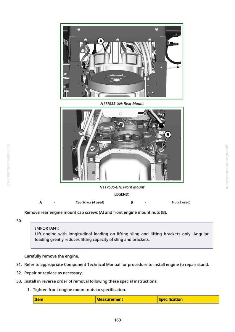 May include: Diagram of engine components with labels A and B, and text instructions. The image includes close-ups of the rear and front engine mounts, with a legend indicating cap screws and nuts.