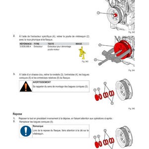 May include: Diagram illustrating a mechanical procedure, titled "M&Eacute;THODE D'INTERVENTION". It features numbered steps with illustrations of engine parts, such as a pulley, washers, and conical rings. The text is in French.