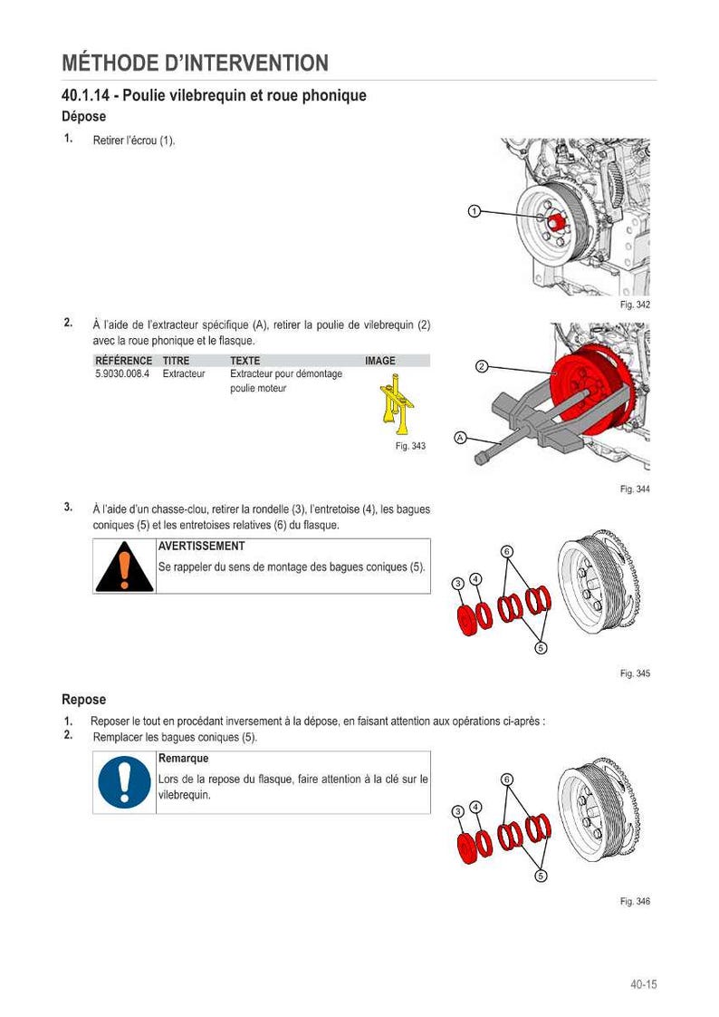May include: Diagram illustrating a mechanical procedure, titled "M&Eacute;THODE D'INTERVENTION". It features numbered steps with illustrations of engine parts, such as a pulley, washers, and conical rings. The text is in French.