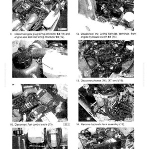 May include: Detailed diagrams from a manual showing the disassembly and assembly of an engine and hydraulic pump. The images show various steps, including disconnecting wires, hoses, and cables, with labels and numbers for each component.