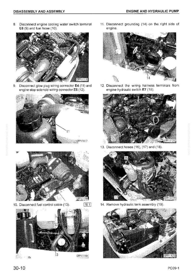 May include: Detailed diagrams from a manual showing the disassembly and assembly of an engine and hydraulic pump. The images show various steps, including disconnecting wires, hoses, and cables, with labels and numbers for each component.
