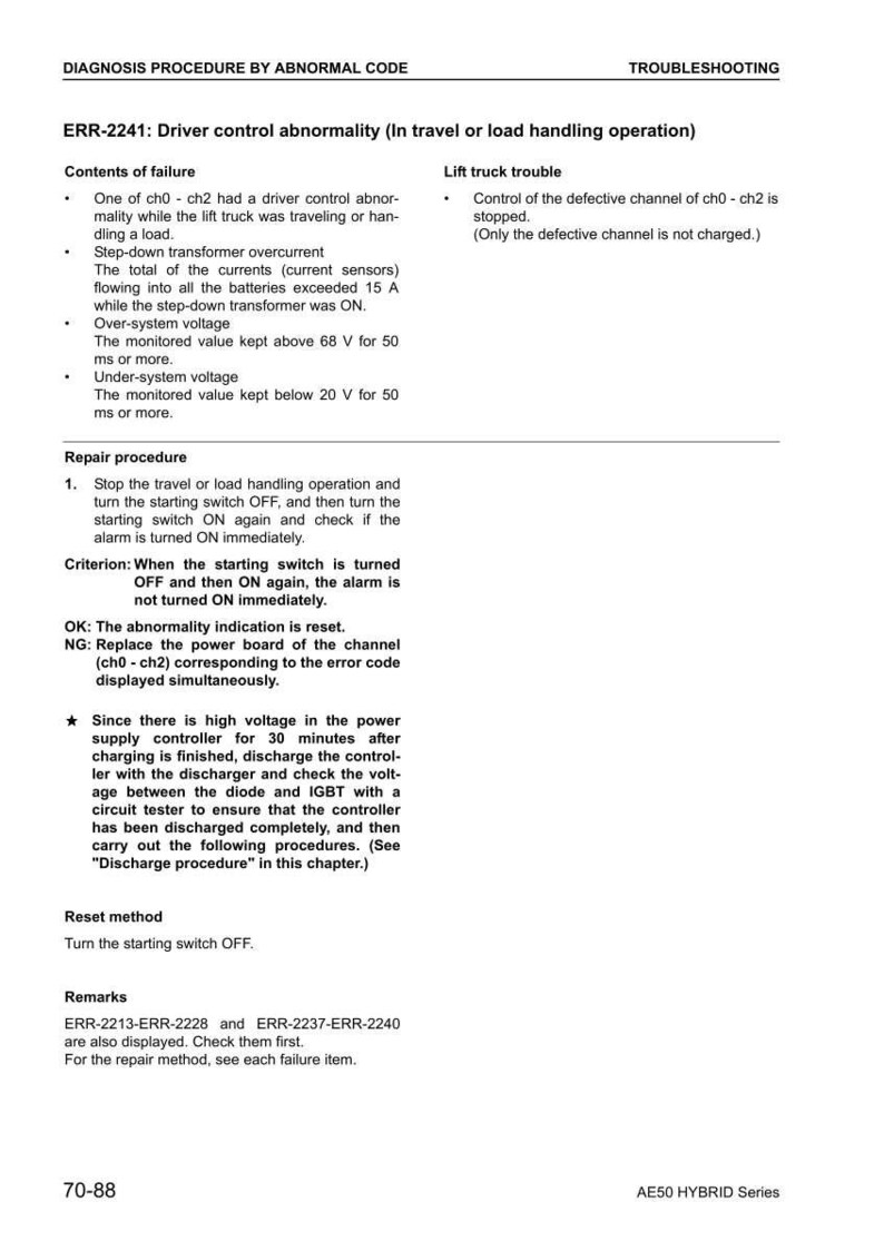 Op de afbeelding: Een probleemoplossingsgids voor ERR-2241, een bestuurderscontrole-afwijking in een heftruck. Het document bevat foutinhoud, reparatieprocedures en resetmethoden. Zwarte tekst op een witte achtergrond.