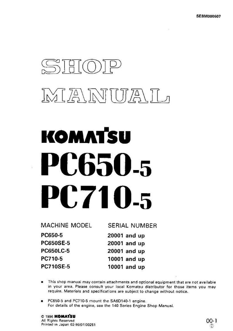 May include: A white shop manual with the text "SHOP MANUAL" at the top. Below, the black text reads "KOMATSU PC650-5 PC710-5". The manual lists machine models and serial numbers.