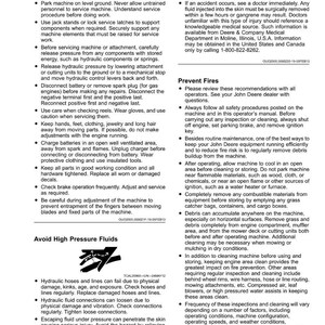 May include: A page from a manual with safety instructions. Text includes warnings about fuel, machinery maintenance, and high-pressure fluids. The page also has a section on preventing fires.