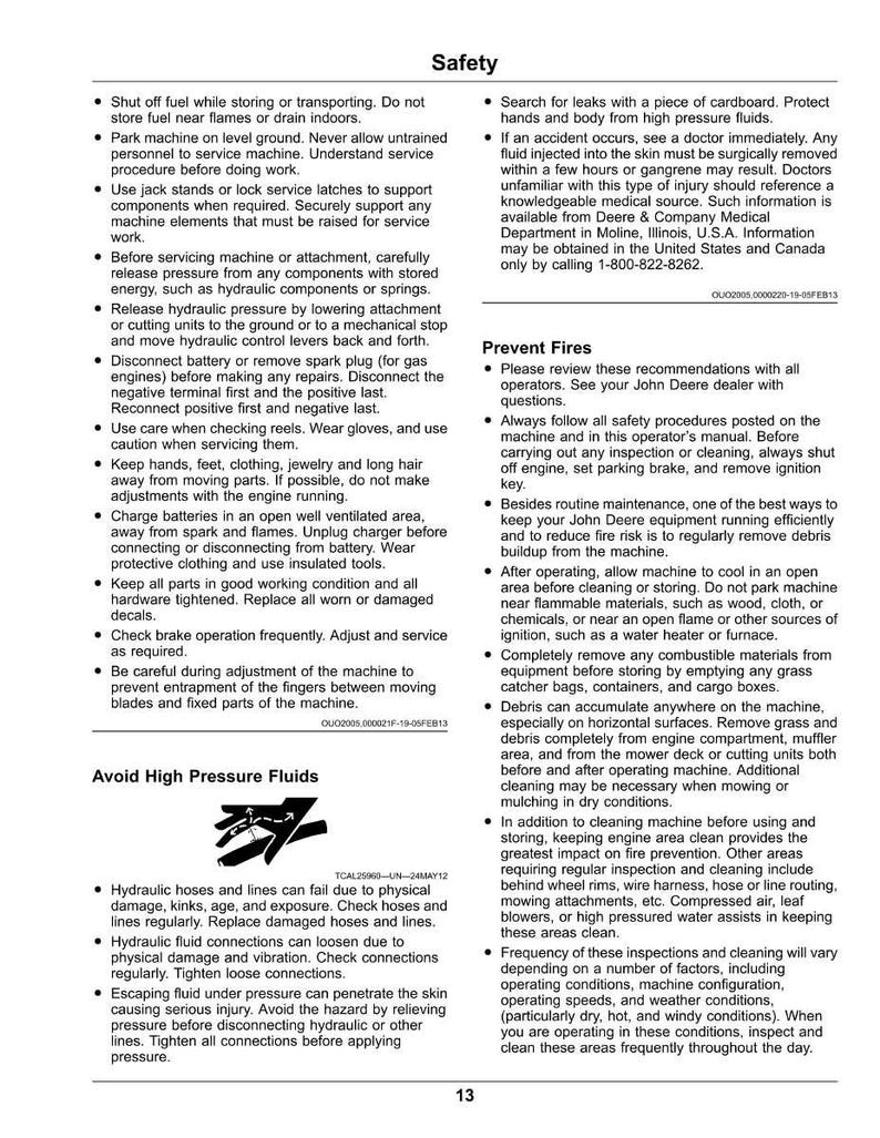 May include: A page from a manual with safety instructions. Text includes warnings about fuel, machinery maintenance, and high-pressure fluids. The page also has a section on preventing fires.