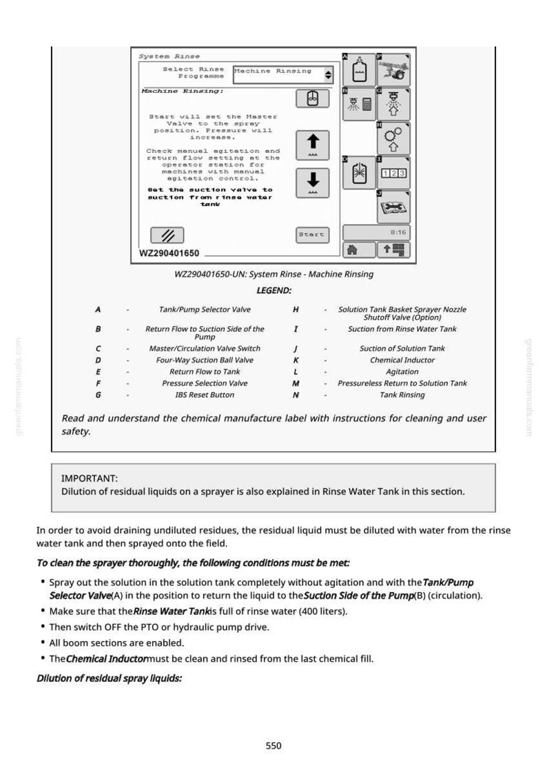 May include: A white and black diagram with text detailing the system rinse process for a machine. The diagram includes arrows, icons, and a legend explaining the components and steps for cleaning and user safety.