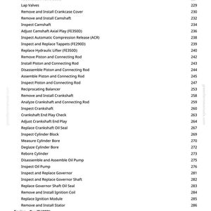 Pu&ograve; includere: Una pagina bianca con un elenco di procedure di riparazione del motore, tra cui "Rimuovere e installare la testata del cilindro" e "Ispezionare e sostituire l'albero del regolatore". I numeri di pagina sono a destra. &Egrave; visibile anche il testo "Engine - Gas (FJ400D)".