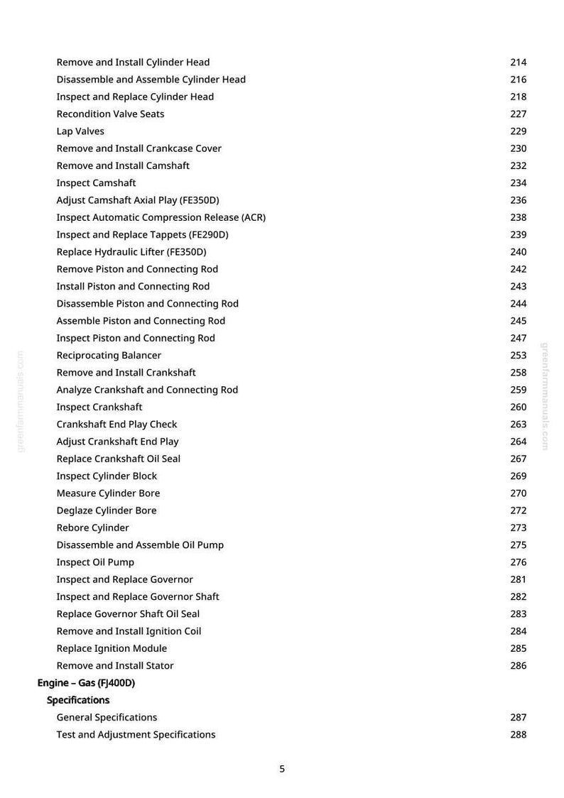 Pu&ograve; includere: Una pagina bianca con un elenco di procedure di riparazione del motore, tra cui "Rimuovere e installare la testata del cilindro" e "Ispezionare e sostituire l'albero del regolatore". I numeri di pagina sono a destra. &Egrave; visibile anche il testo "Engine - Gas (FJ400D)".