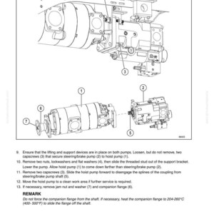 May include: Diagram of hoist pump removal and disassembly, with numbered components and text instructions. The image shows various mechanical parts, including pumps, flanges, and fasteners, with labels for each part.