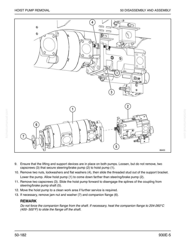 May include: Diagram of hoist pump removal and disassembly, with numbered components and text instructions. The image shows various mechanical parts, including pumps, flanges, and fasteners, with labels for each part.