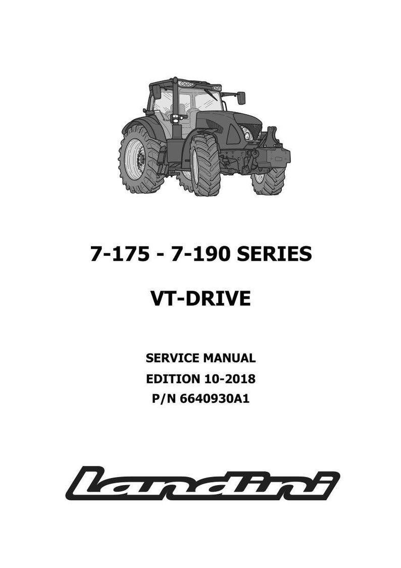 May include: A black and white image of a tractor with the text "7-175 - 7-190 SERIES" and "VT-DRIVE". Below the tractor are the words "SERVICE MANUAL EDITION 10-2018 P/N 6640930A1" and the Landini logo.