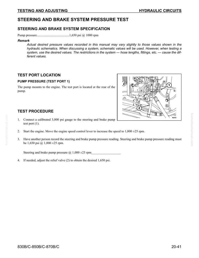 May include: A page from a manual detailing a steering and brake system pressure test. The text includes specifications, test procedures, and a diagram of the pump location. The pump pressure is specified as 1,650 psi at 1000 rpm.