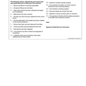 May include: A white document titled "Predelivery Inspection" with a list of checks and service jobs performed on a machine. The document includes sections for date and signature.