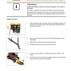 Puede incluir: Una p&aacute;gina de un manual de servicio y reparaci&oacute;n para una unidad de carga Kramer, con diagramas e instrucciones para insertar un tubo interior. Incluye un s&iacute;mbolo de advertencia e informaci&oacute;n de seguridad.