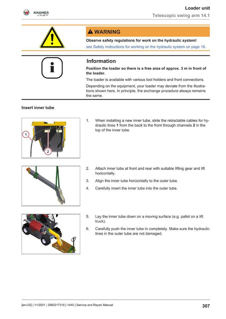 Puede incluir: Una p&aacute;gina de un manual de servicio y reparaci&oacute;n para una unidad de carga Kramer, con diagramas e instrucciones para insertar un tubo interior. Incluye un s&iacute;mbolo de advertencia e informaci&oacute;n de seguridad.