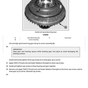 May include: Diagram showing a spiral bevel ring gear and carrier assembly, with labels A, B, and C. The image includes text instructions for installing and tightening cap screws, essential for the assembly.