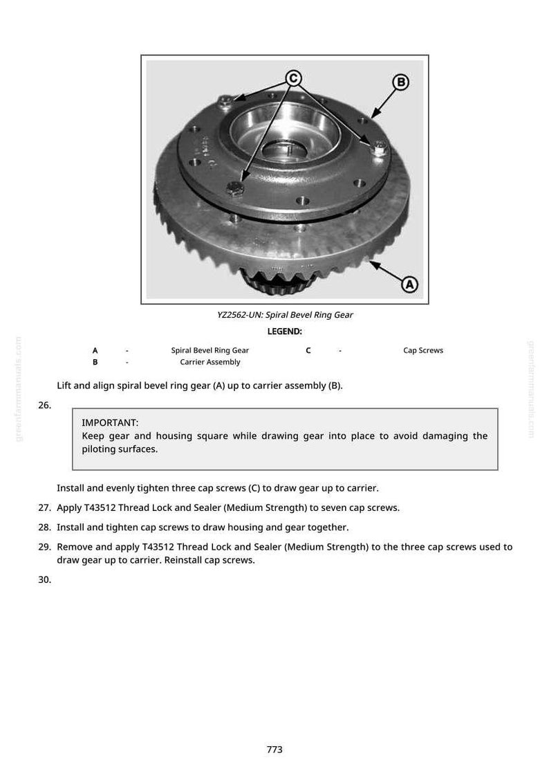 May include: Diagram showing a spiral bevel ring gear and carrier assembly, with labels A, B, and C. The image includes text instructions for installing and tightening cap screws, essential for the assembly.