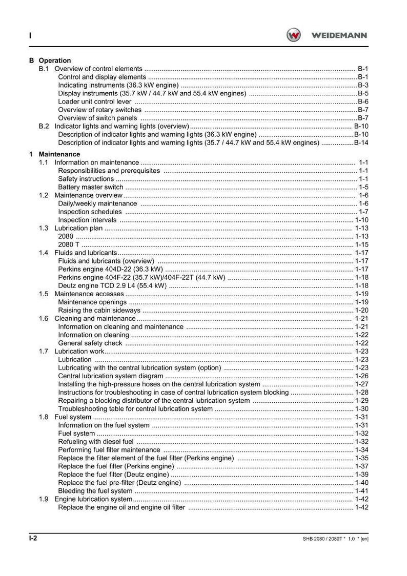 K&ouml;nnte beinhalten: Eine detaillierte Seite aus einem Weidemann-Handbuch mit einem Inhaltsverzeichnis mit Abschnitten zu Betrieb, Wartung und Kraftstoffsystemen. Das Dokument enth&auml;lt &Uuml;berschriften und Seitenzahlen.